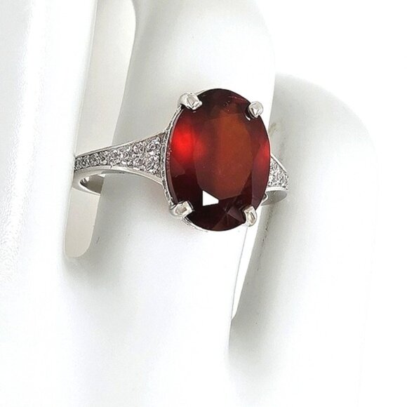 925 Sterling Silver Ring with Natural  Hessonite Garnet Gem & CZ - Picture 15 of 16